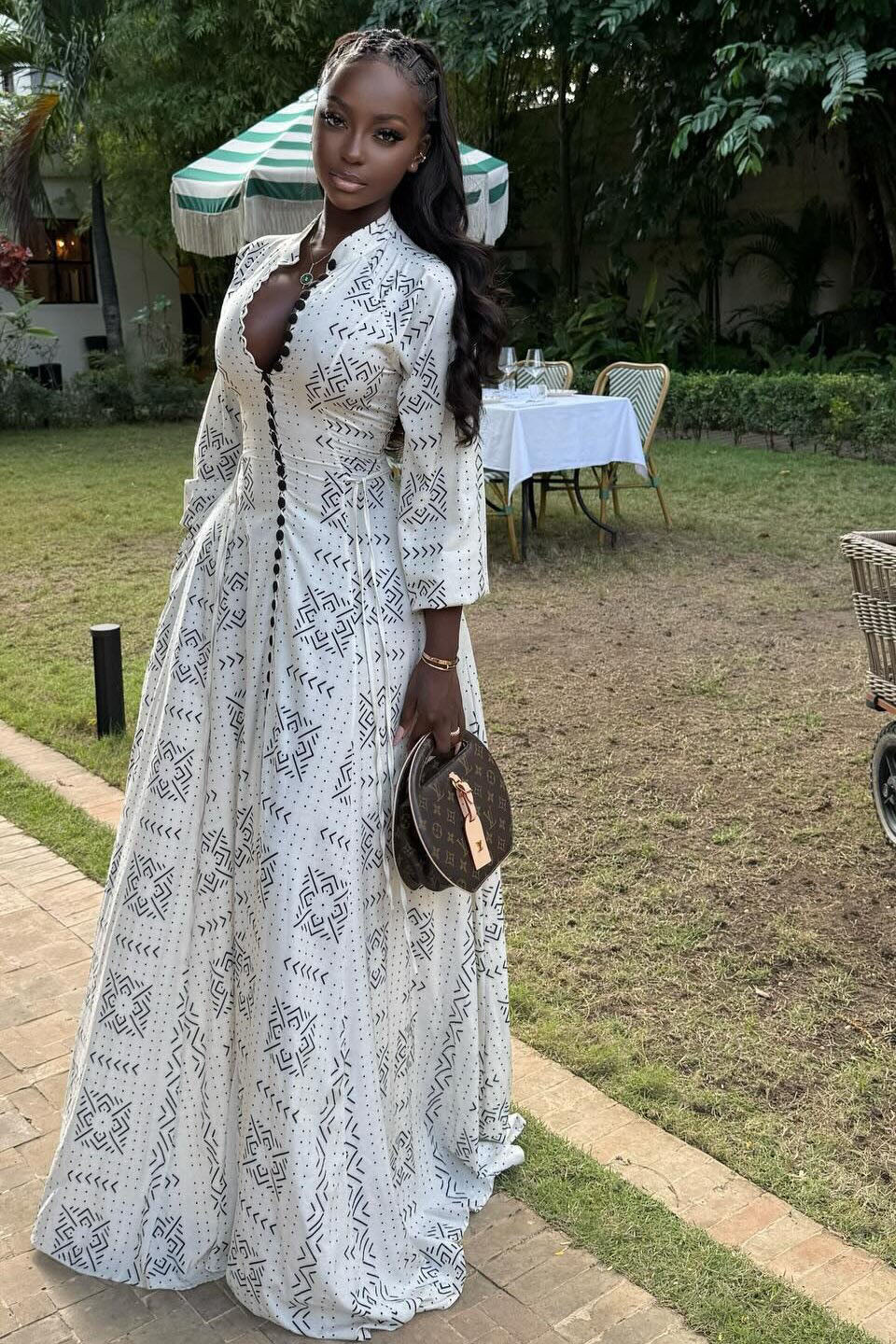 Modern White Geo Print Long Sleeve Gown