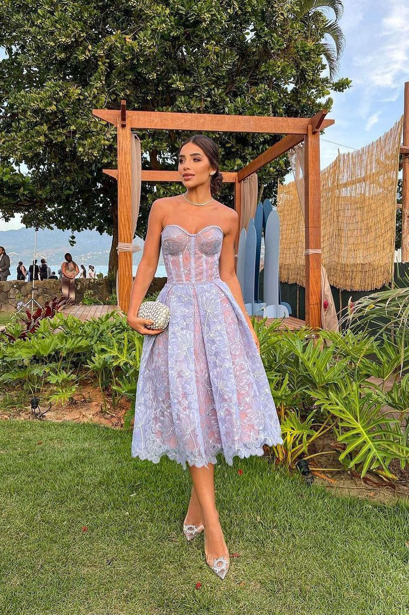 Romantic Summer Strapless Midi-Length Dress