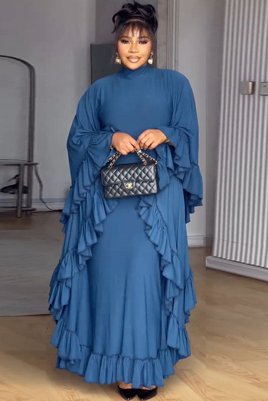 Batwing Sleeve Ruffled Trim Maxi-Length Dress