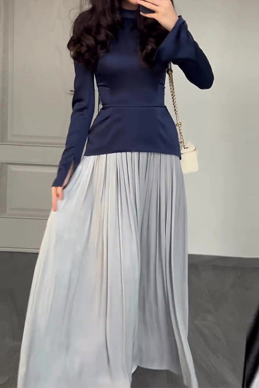 Color Block Splicing Slim Fit Lace-Up Long Sleeve Maxi-Length Dress