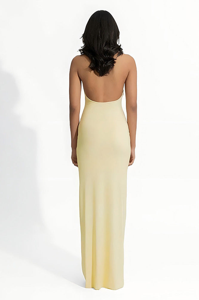Asymmetry Lemon 3D Flower Halter Maxi-Length Dress