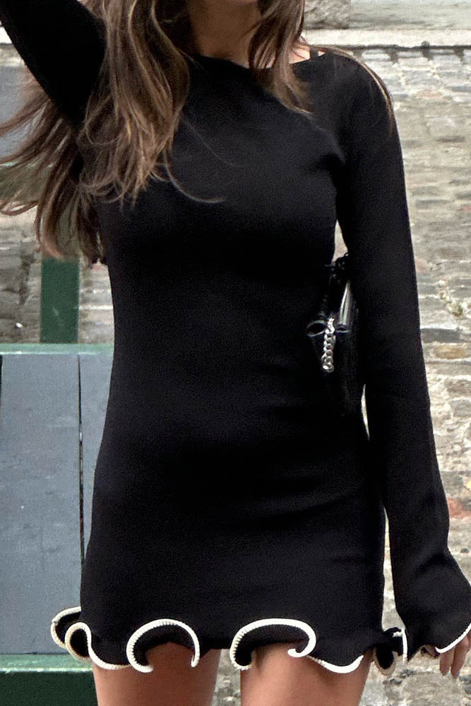 French-Inspired Ruffled Edge Knit Mini-Length Dress