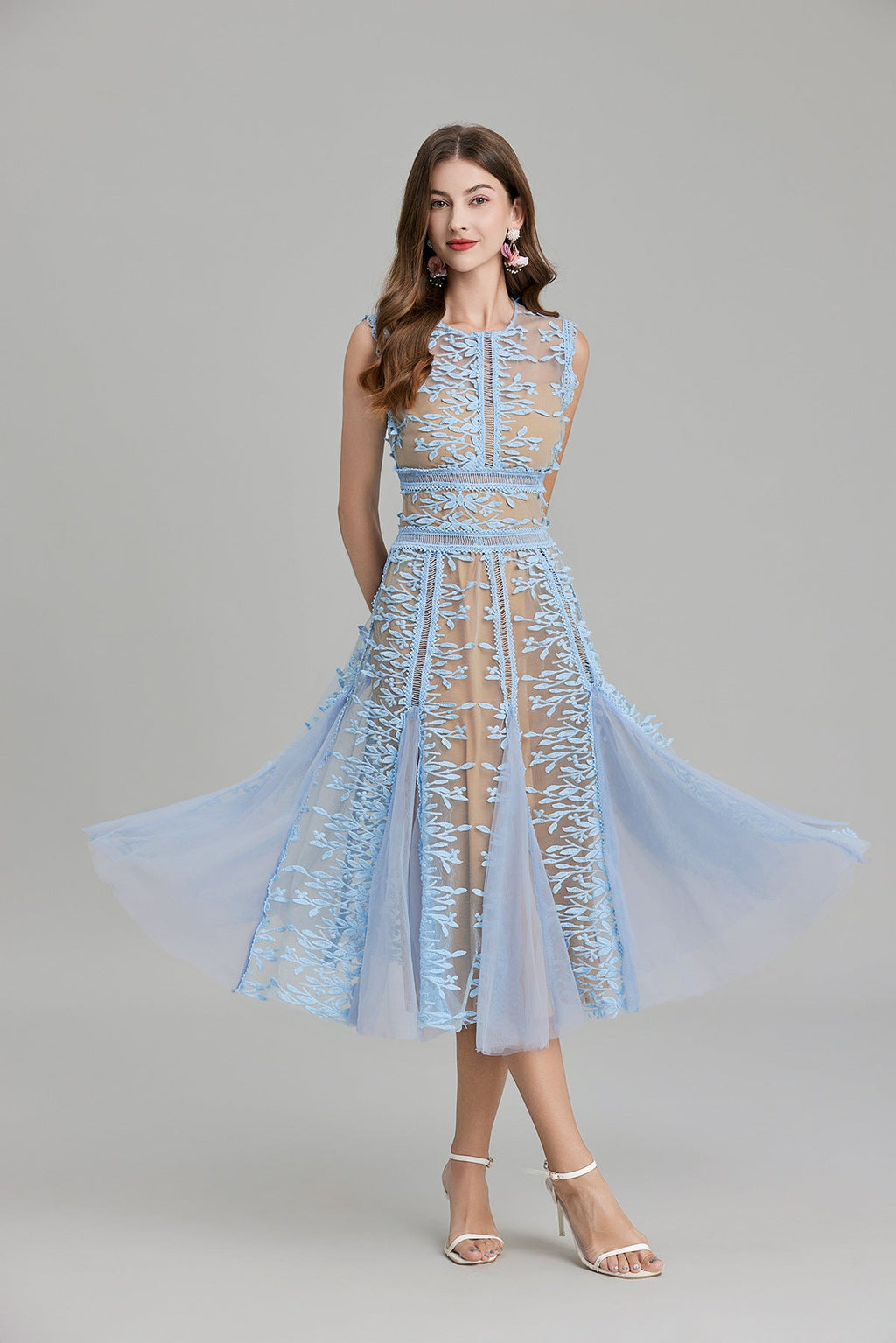 Maelle Crew Neck Mesh Embroidered Midi-Length Dress In Beige