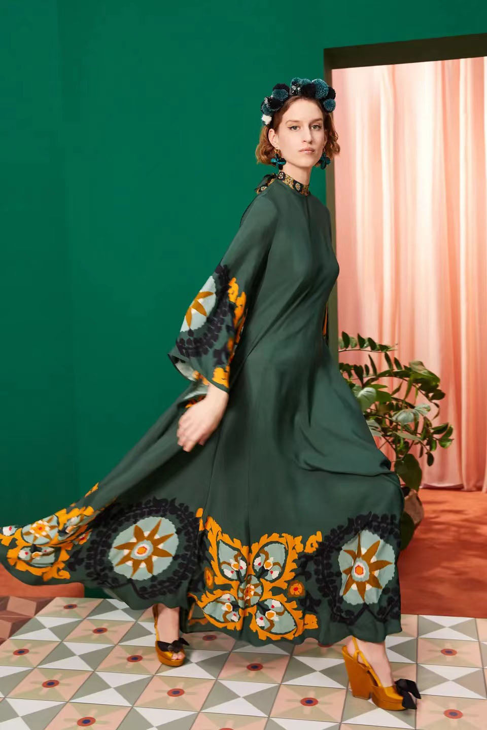 Magnifico Patterned Maxi-Length Dress-Green