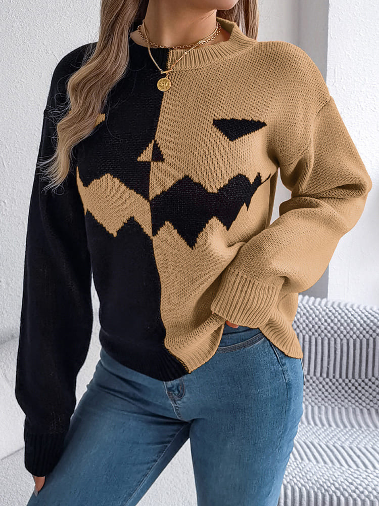 Ghost Pattern Long Sleeve Crew Neck Knit Sweater