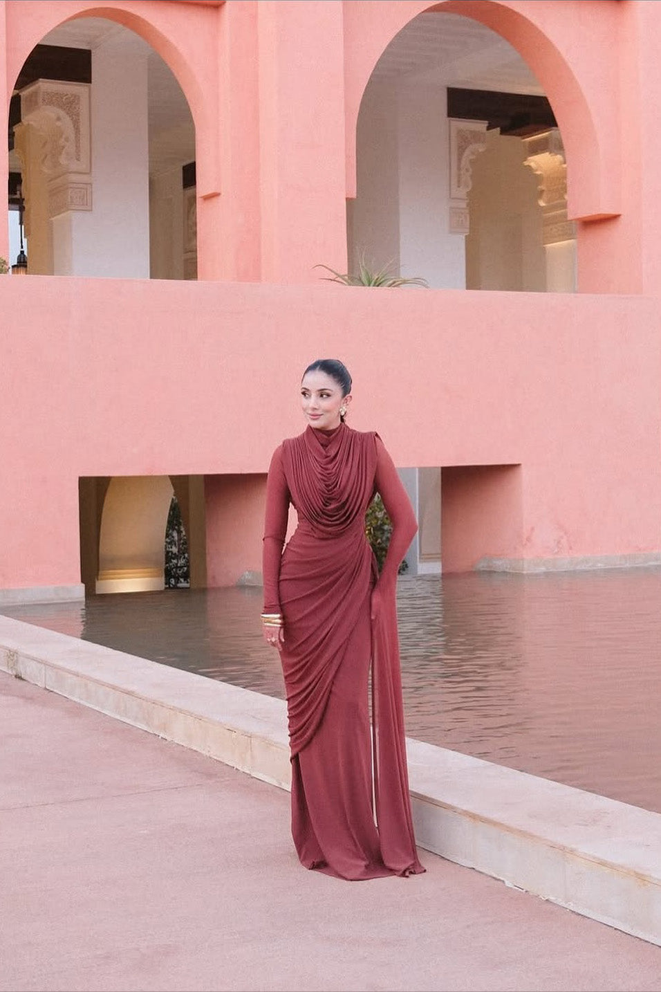 Sophisticated Terracotta Pleated Maxi-Length Dress