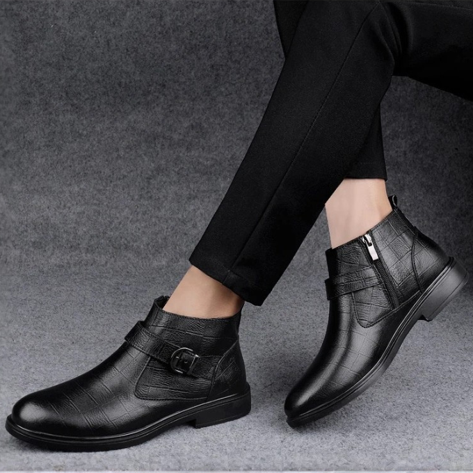 Full-Grain Leather Boots with Buckle Strap