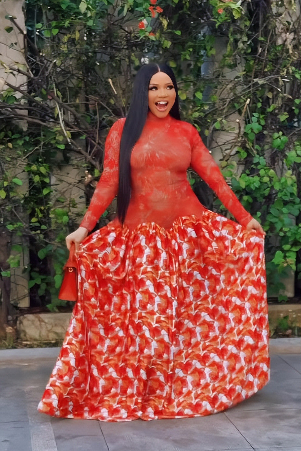Vibrant Red Sheer Flower Maxi-Length Dress