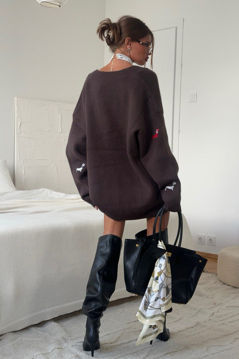 Modern V-Neck Dachshund Knit Cardigan