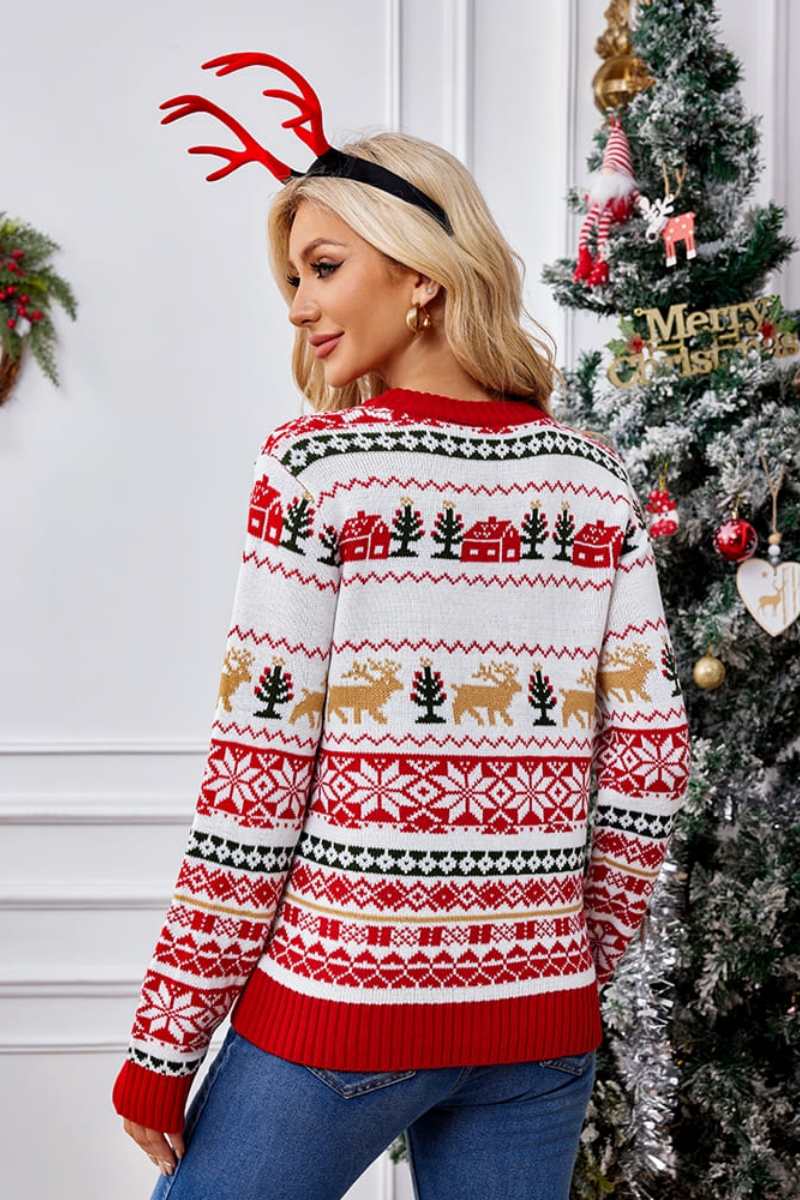 Christmas Crew Neck Embroidered Knit Sweater