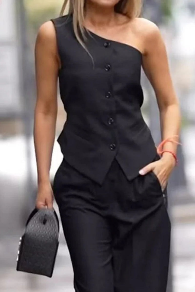 Sloping-Shoulder Vest Boyfriend Trousers Set