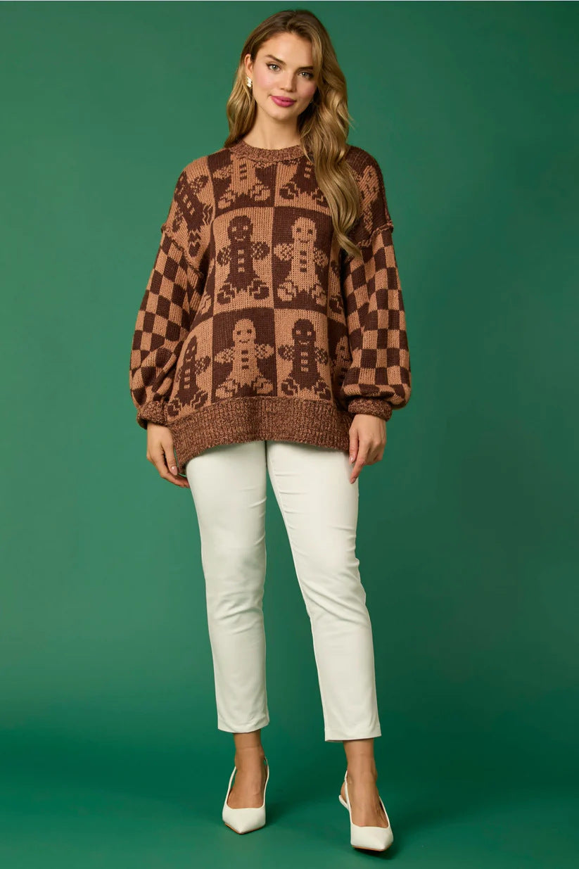 Modern Candy Cane Christmas Needles & Gingerbread Man Knit Sweater