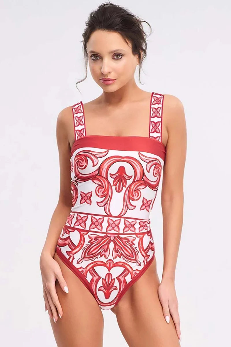 Ethnic Print One-Piece Swimwear Set