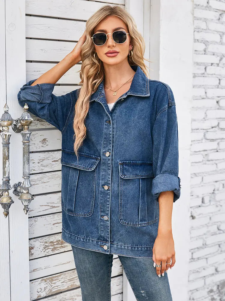 Washed Denim Jacket with Button Closure and Pockets in Blue