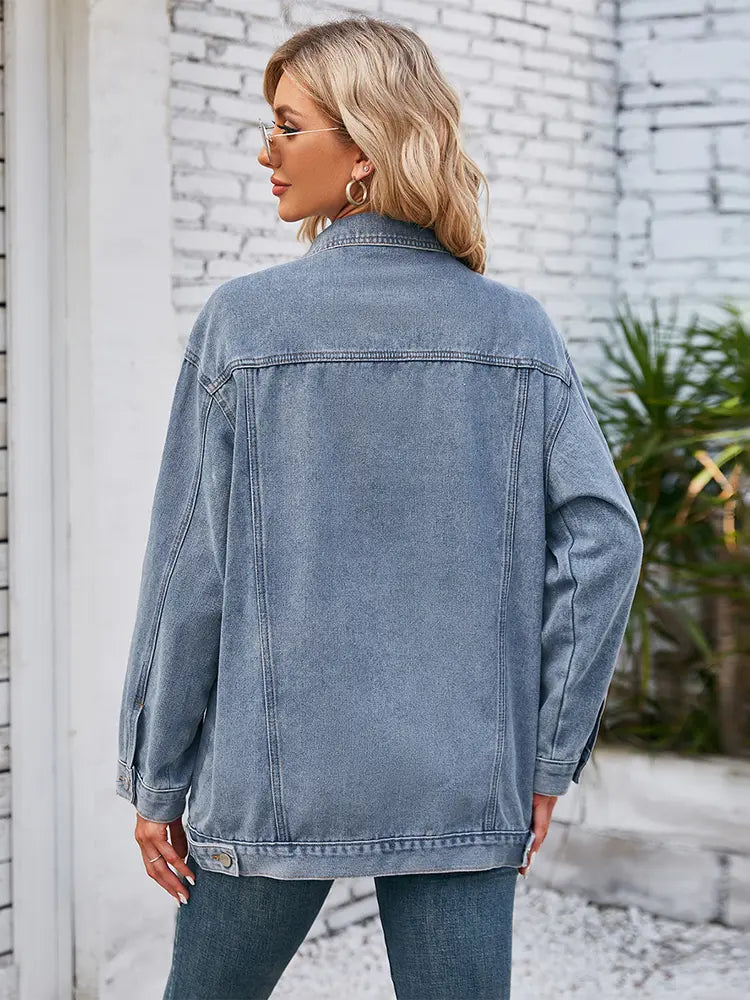 Oversized Denim Jacket with Button Closure and Long Sleeves