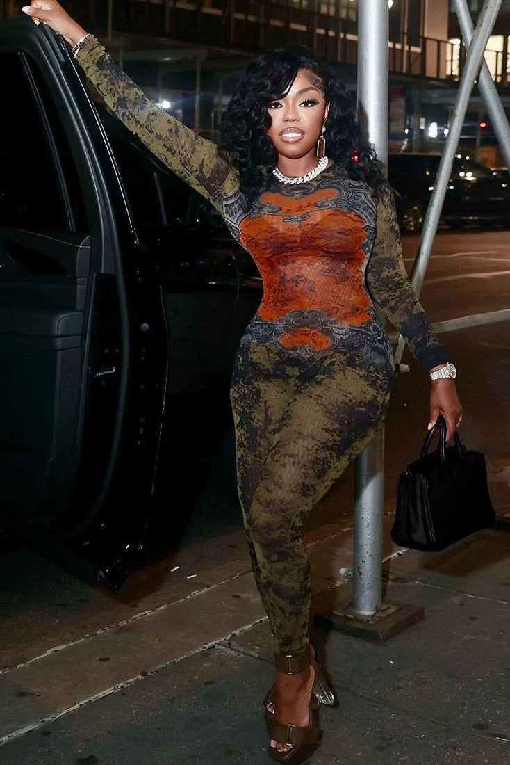 Modern Edgy Baroque Camo Sheer Jumpsuit
