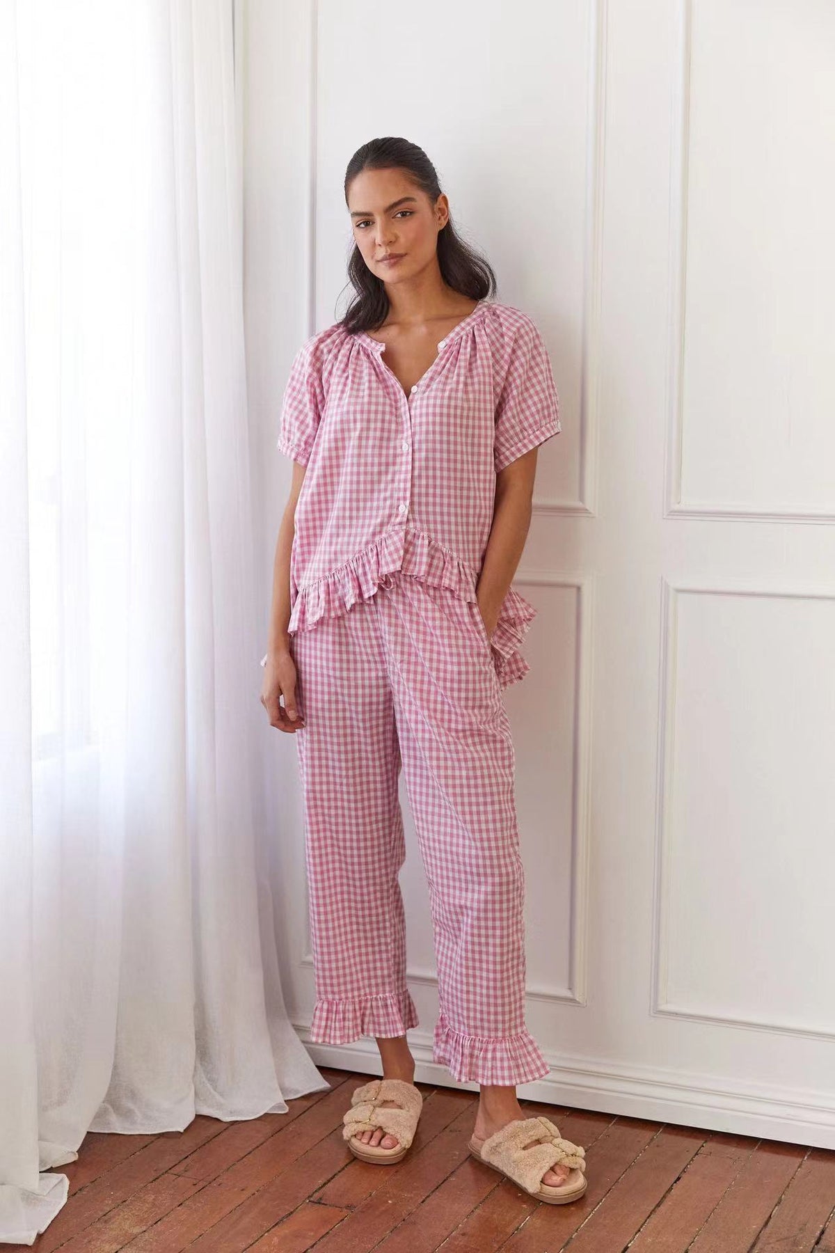Relaxed Ruffled Plaid Print Shirt Pajama Set