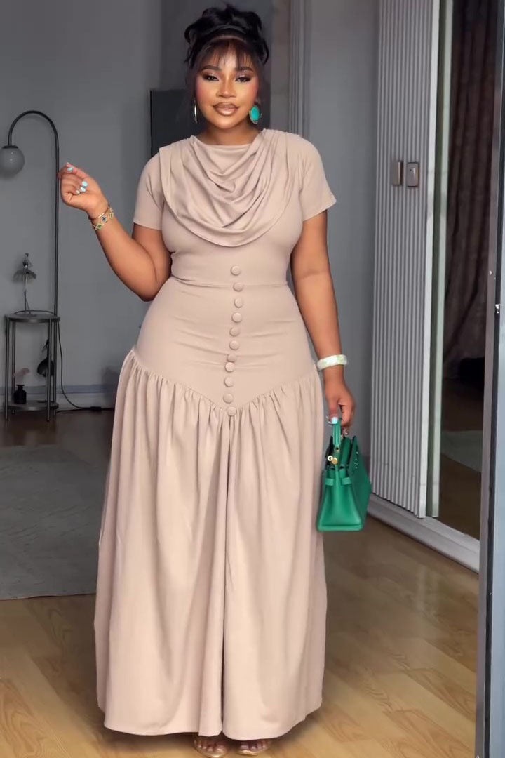 Cowl Neck Button Placket Nude Maxi-Length Dress