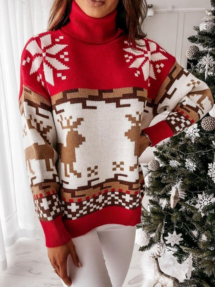 Modern Knit Pullover with Embroidered Reindeer and Snowflake Design