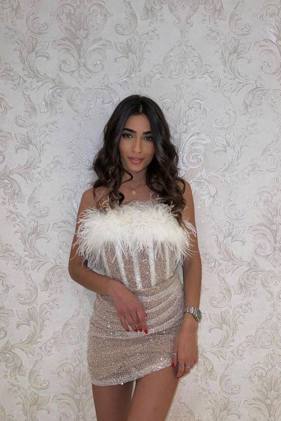 Sequined Feather Fitted Dress