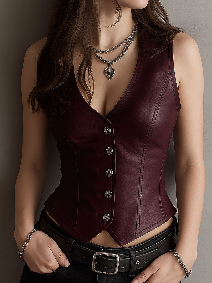 Modern Sharp V-Neck Black Eco Leather Waist-cinched Waistcoat