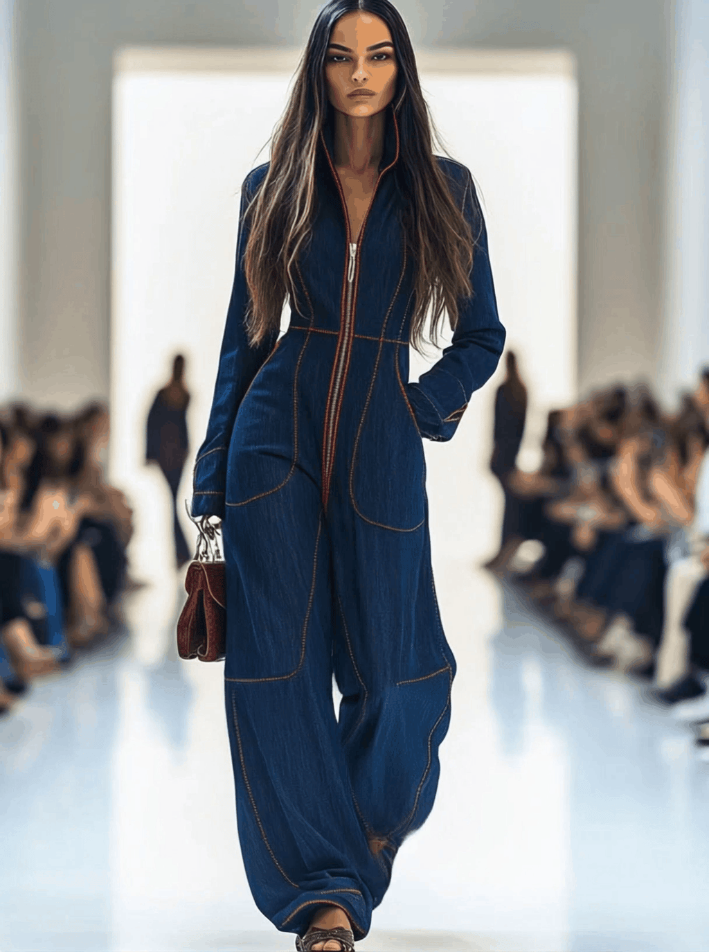 Relaxed Loose Retro Red Topstitched Denim Wide-Leg Long Sleeve Jumpsuit