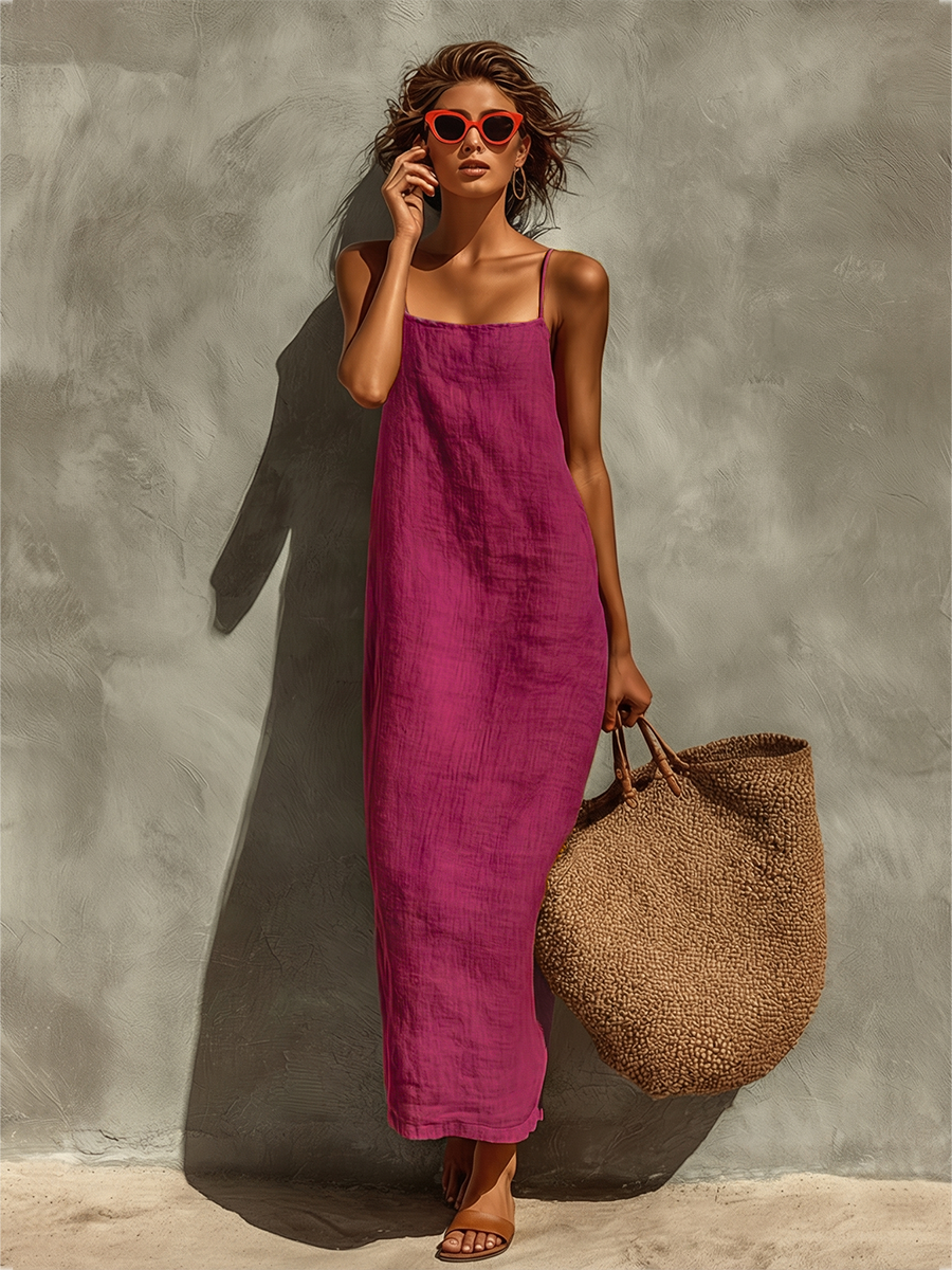 Modern Red Cotton Square Neck Spaghetti Strap Dress