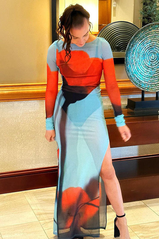 Abstract Print Sheer Maxi-Length Dress