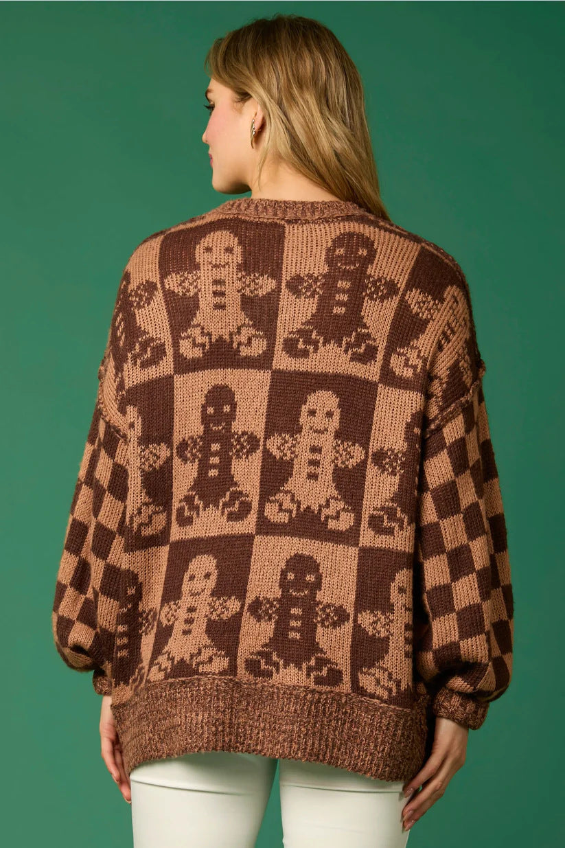 Modern Candy Cane Christmas Needles & Gingerbread Man Knit Sweater