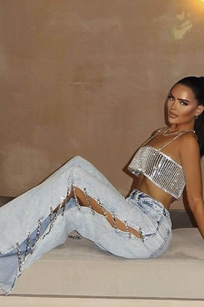 Y2K Crystal-Detail Side-Slit Denim Trousers