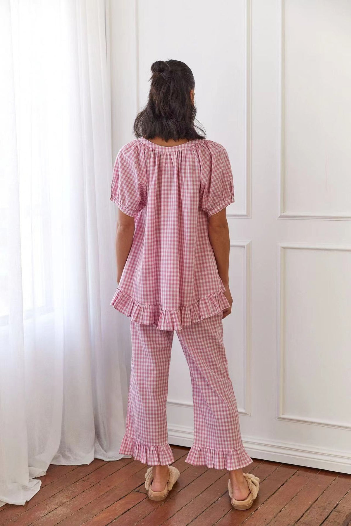 Relaxed Ruffled Plaid Print Shirt Pajama Set