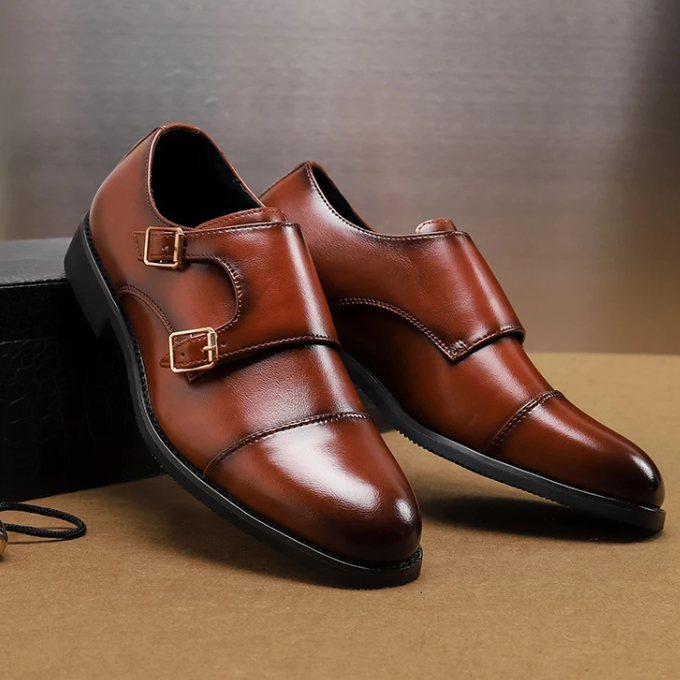 Full-Grain Leather Monk Strap Shoes with Cap-Toe Detail