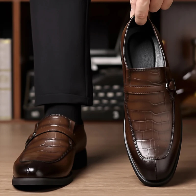 Polished Leather Monk Strap Shoes with Croc-Embossed Texture