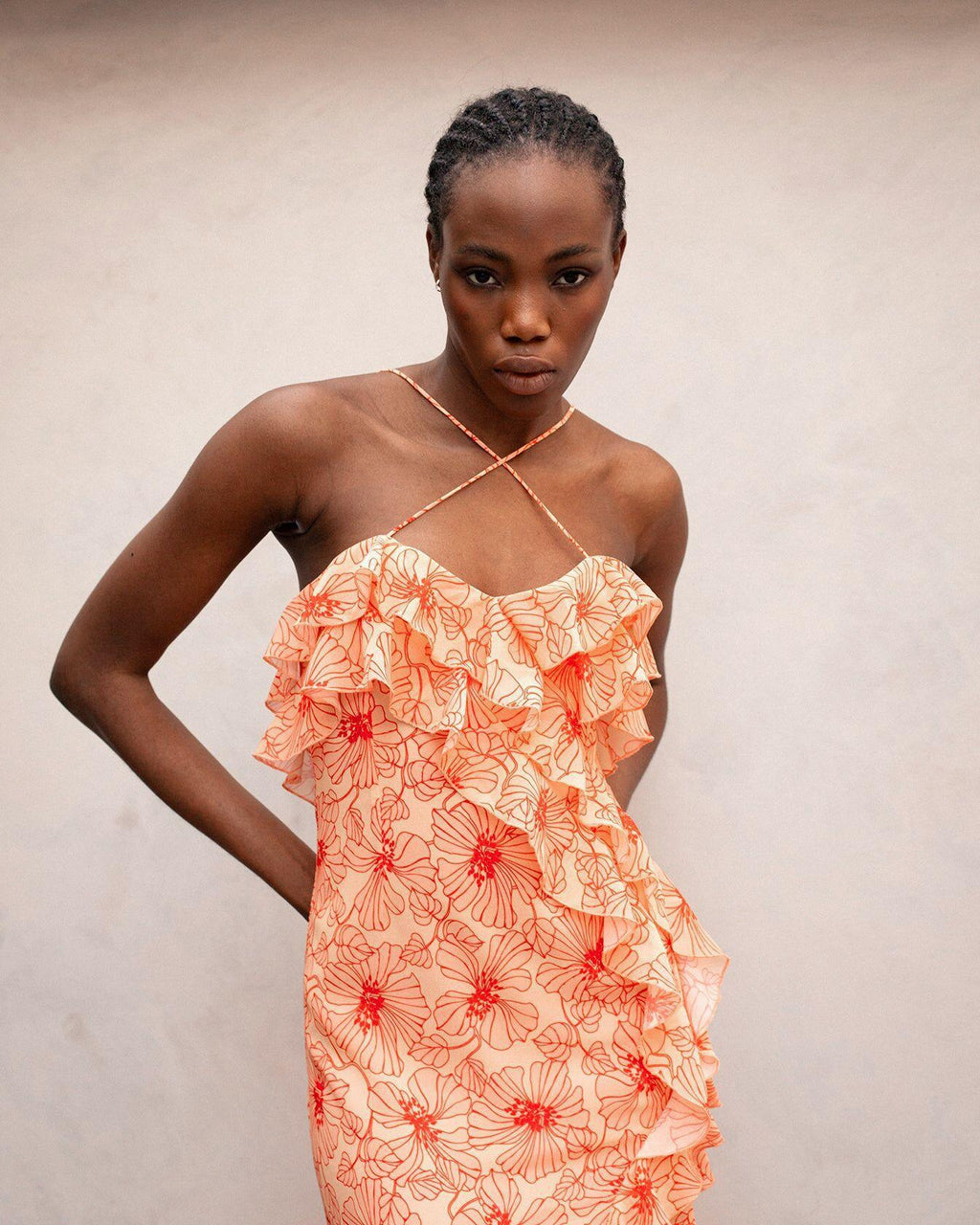 Romantic Ruffled Flower Slit Midi-Length Dress