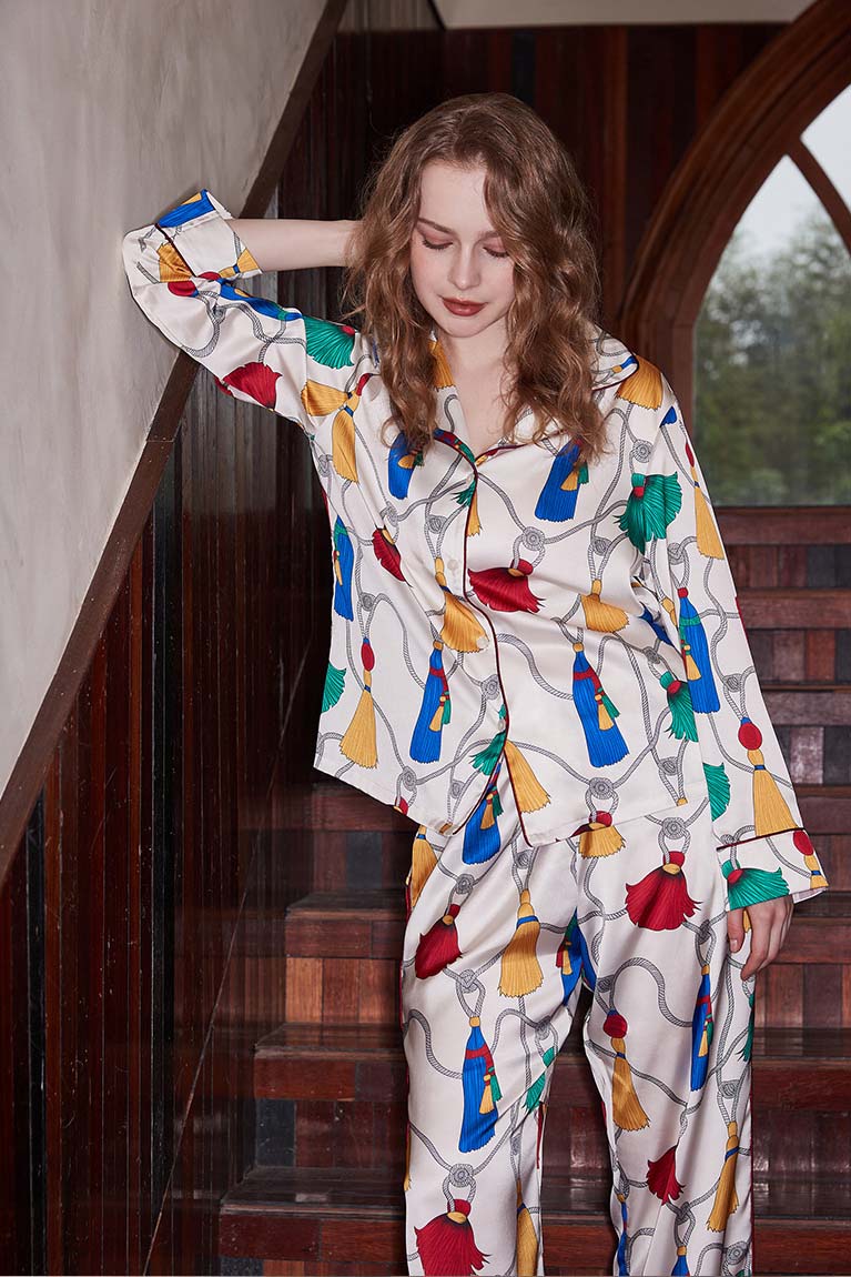 Coordinated Fringed Pattern Ice Silk Long Sleeve Loungewear Set