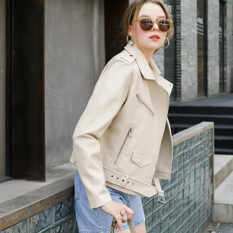 Leather Biker Jacket with Zippers and Belt