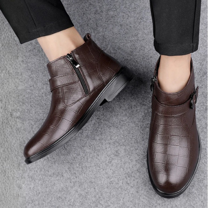 Full-Grain Leather Boots with Buckle Strap