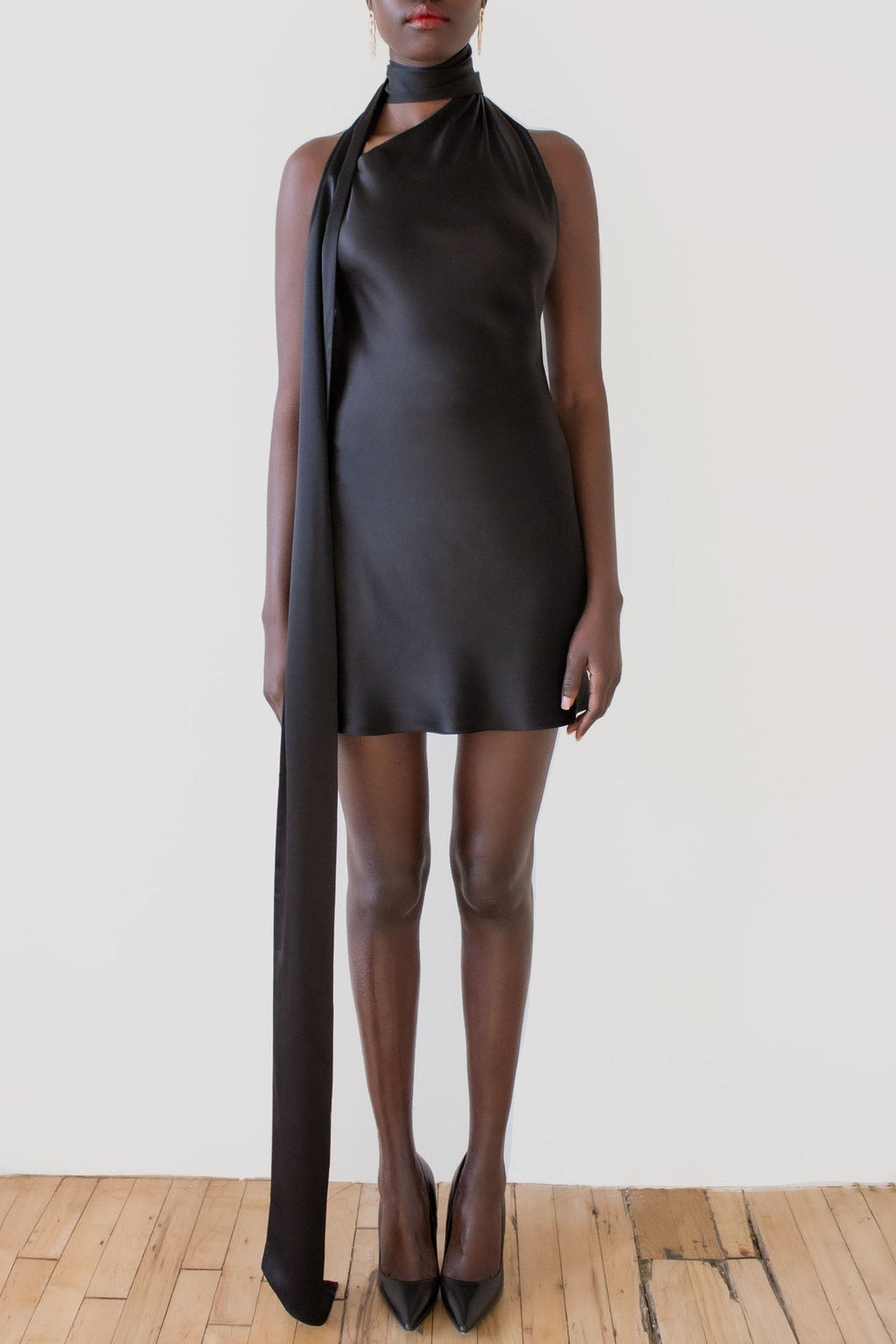 Open-Back Halter Satin Mini-Length Dress