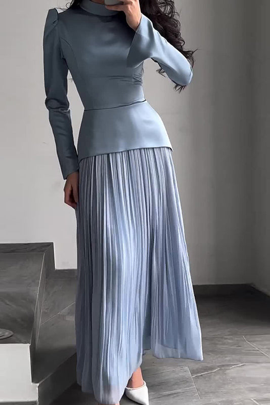 Color Block Splicing Slim Fit Lace-Up Long Sleeve Maxi-Length Dress