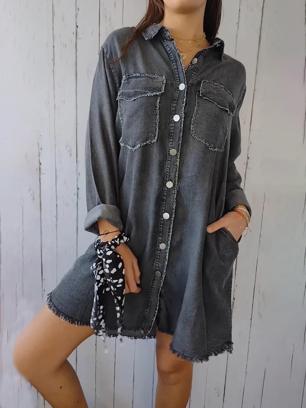 Denim Jacket in a Lightweight Design with Lapel Collar and Long Sleeves