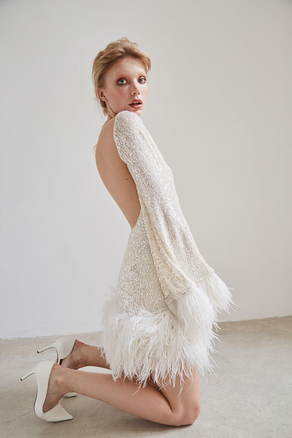 Open-Back Sequined Feather Fitted Mini-Length Dress