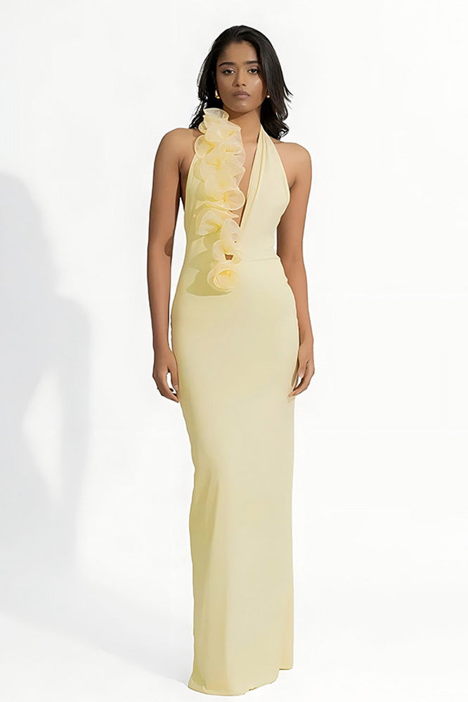 Asymmetry Lemon 3D Flower Halter Maxi-Length Dress