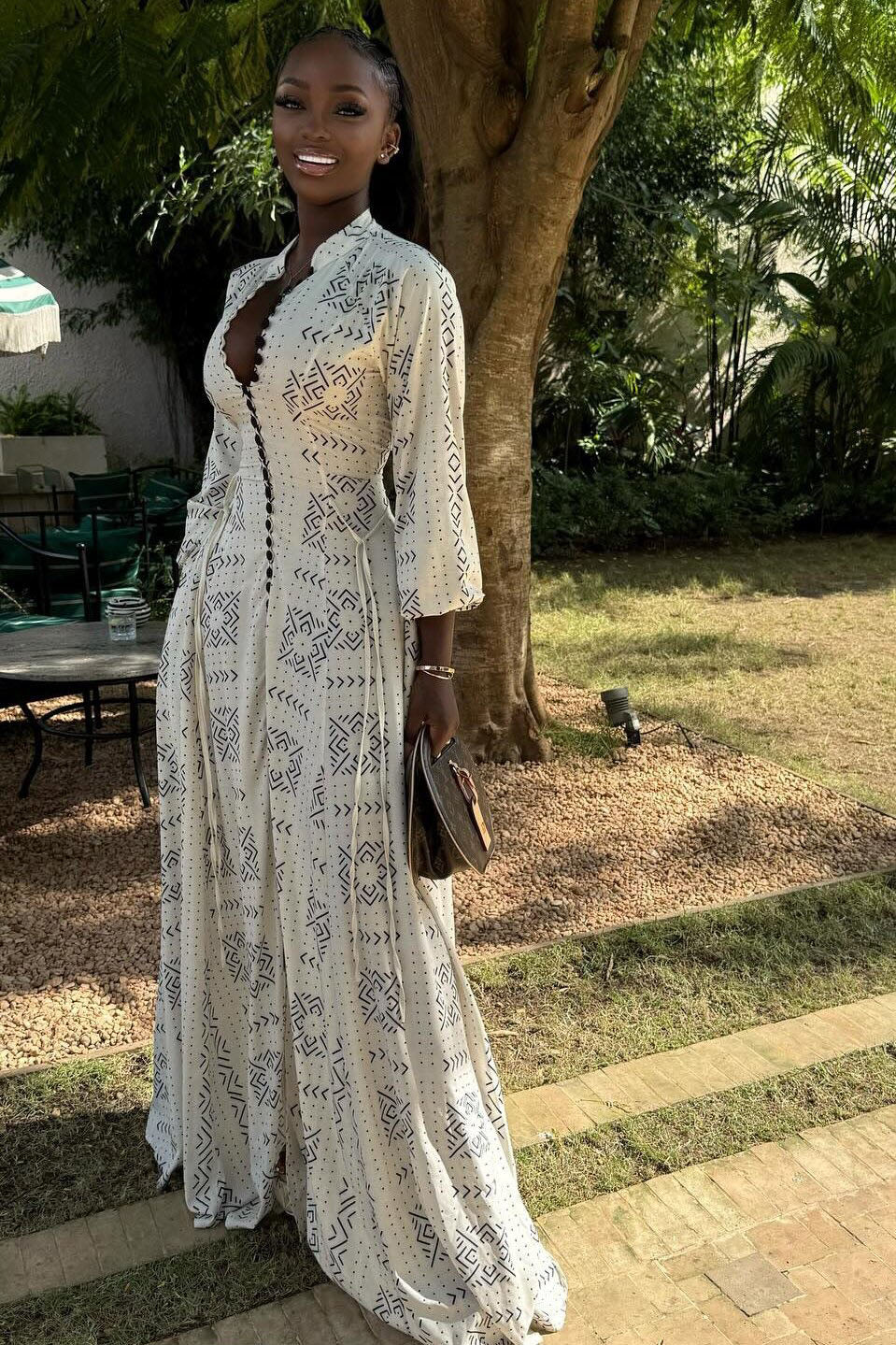 Modern White Geo Print Long Sleeve Gown