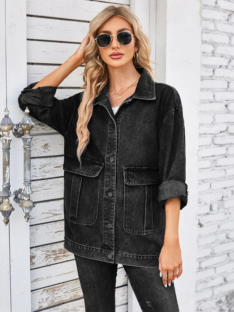 Washed Denim Jacket with Button Closure and Pockets in Blue