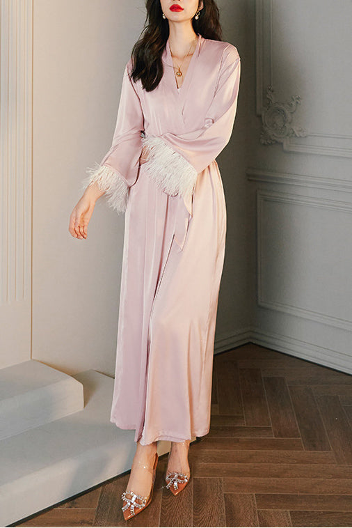 Modern Feather Satin Kimono Robe