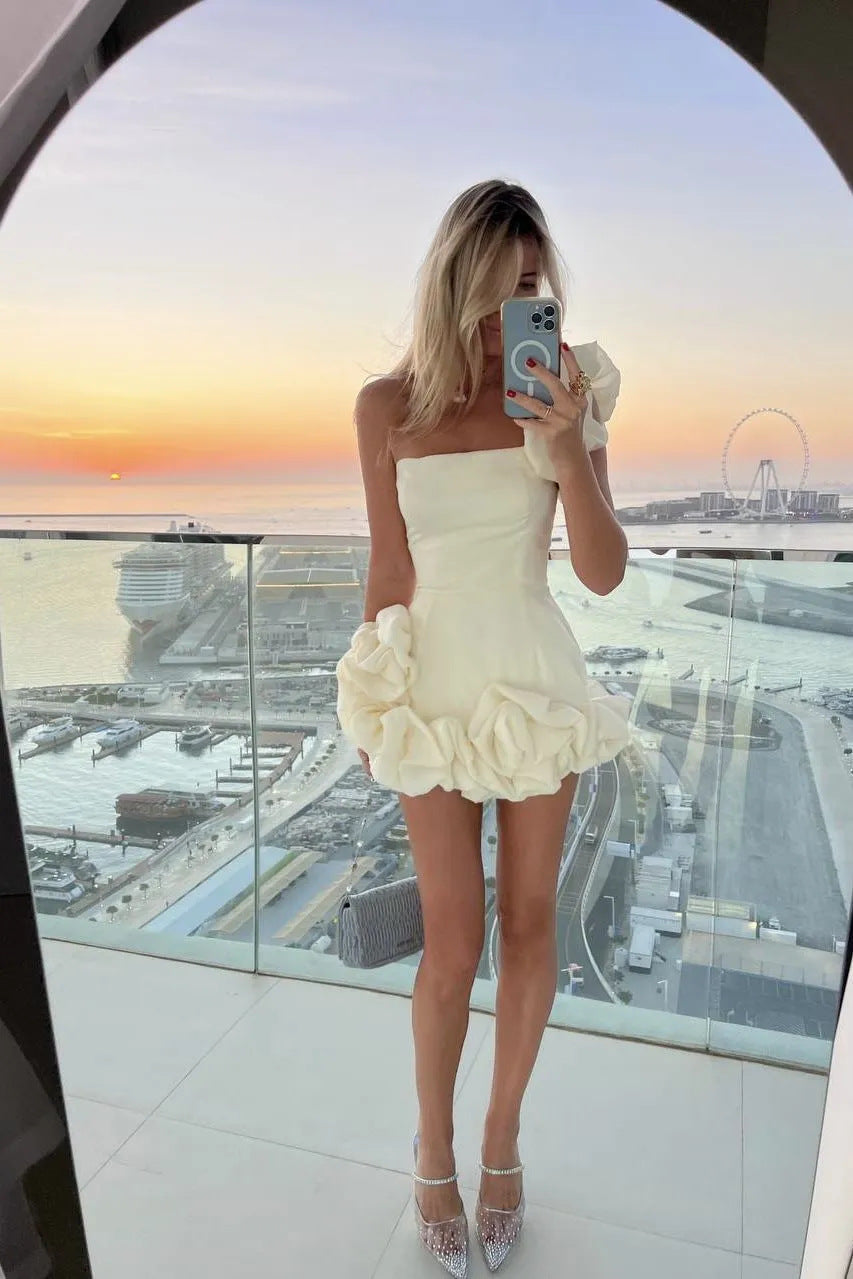 Romantic Tulip Waist Strapless Mini-Length Dress