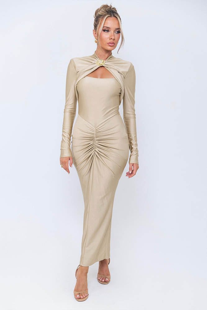 Long Sleeve Slim Fitted Party Midi-Length Dress