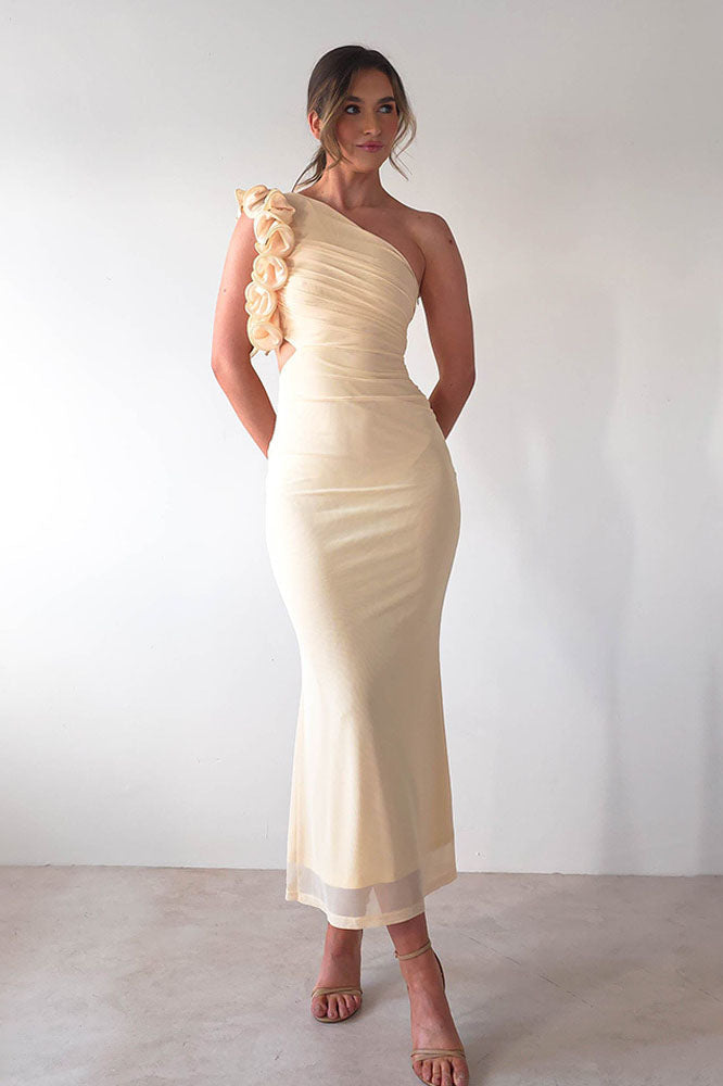 Statement Flower One-Shoulder Fitted Midi-Length Dress