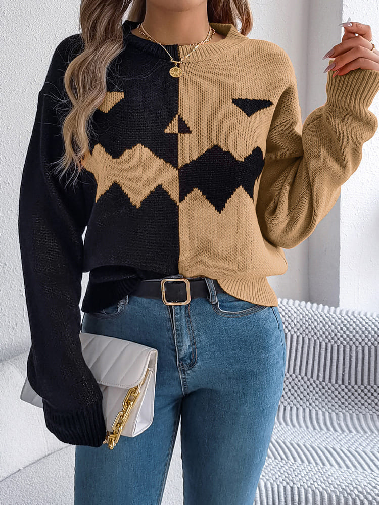 Ghost Pattern Long Sleeve Crew Neck Knit Sweater
