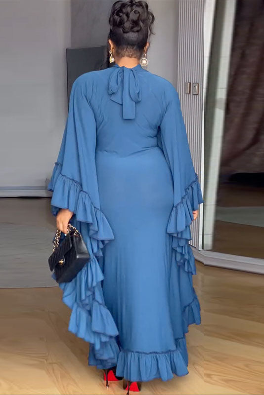 Batwing Sleeve Ruffled Trim Maxi-Length Dress